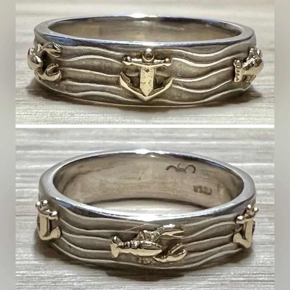 Handmade Sterling Silver & 14K Gold Nautical Anchor & Lobster Band Ring, Size 7